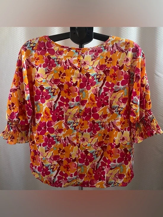 SHEIN Pink & Yellow Floral Ruffle-Sleeve Blouse - Picture 2 of 4